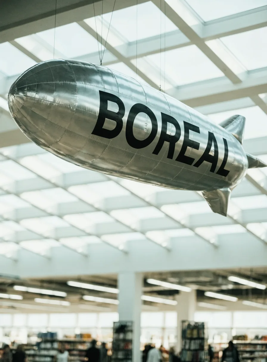 dirigible inflable plateado con tu marca en letras negras, colgado del techo acristalado dentro de una tienda con pasillos al fondo