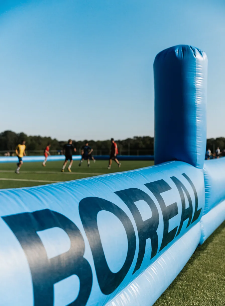 valla perimetral inflable azul con tu marca en tono oscuro, al borde de una cancha con jugadores al fondo