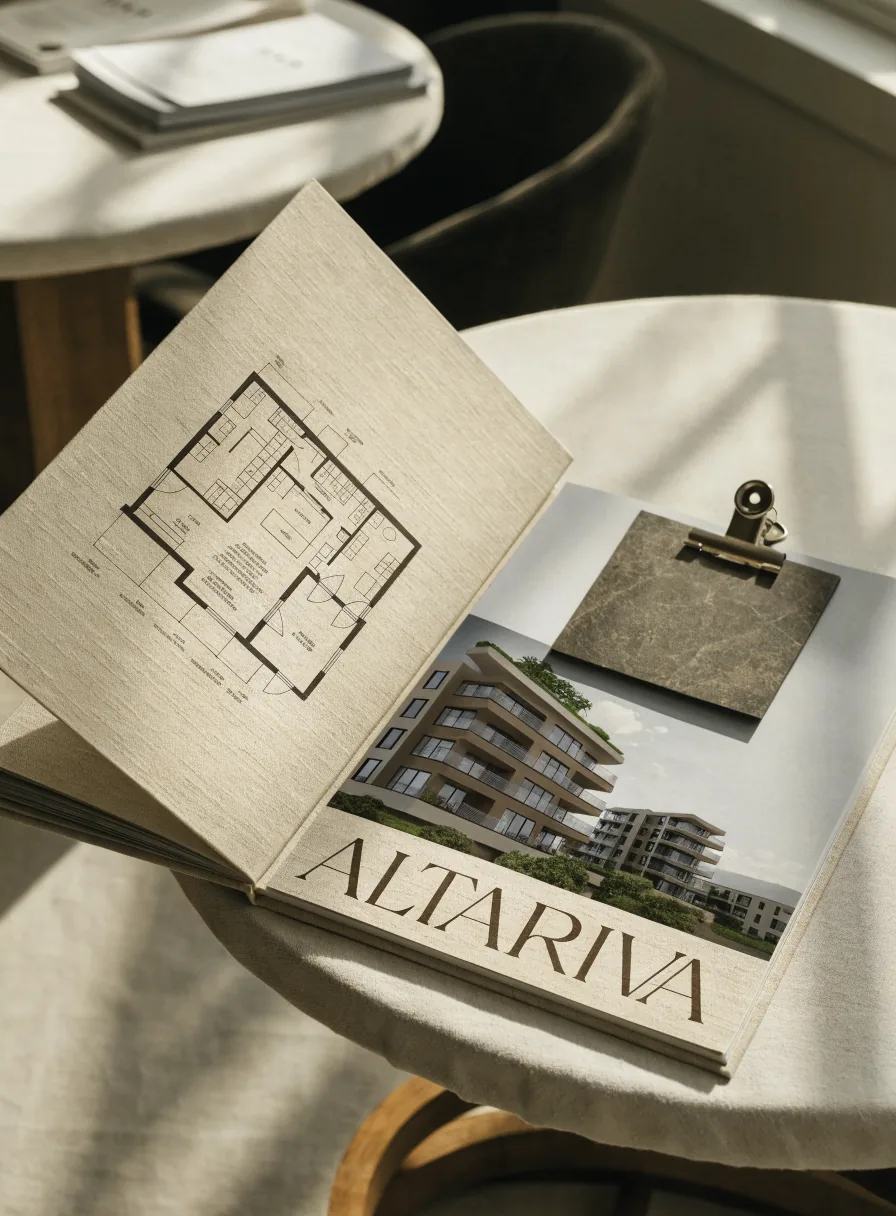 dossier de venta abierto con los planos de un departamento y un render del desarrollo ALTARIVA, encuadernado en tela con el nombre en la portada, junto a una muestra de mármol