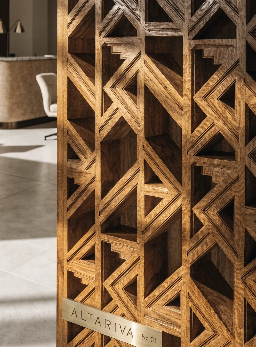 celosía de madera calada firmada y numerada ALTARIVA No 01, instalada en el lobby del showroom del desarrollo