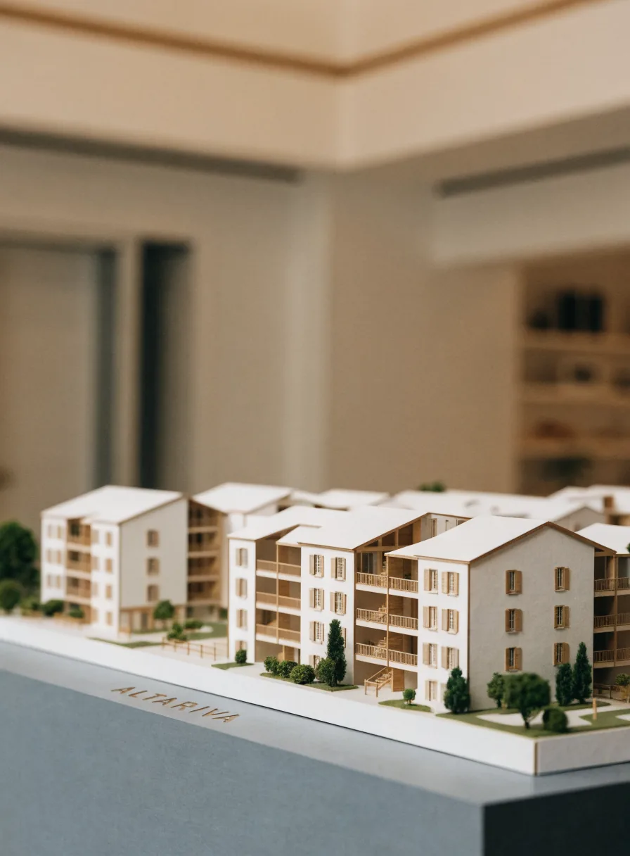 maqueta arquitectónica a escala del desarrollo ALTARIVA con varios edificios y áreas verdes, sobre una base rotulada en la sala de ventas