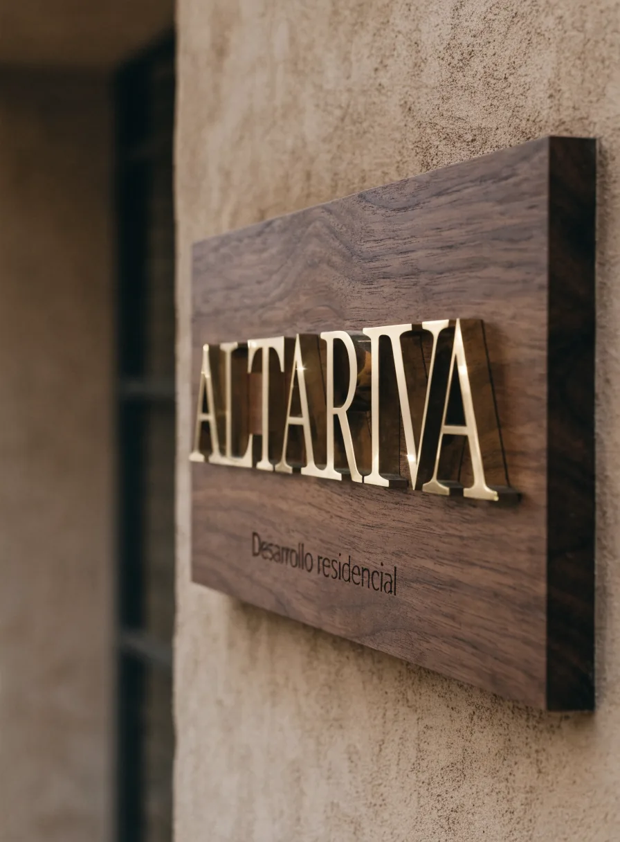 placa de madera de nogal con el nombre ALTARIVA en letras de latón pulido y el subtítulo Desarrollo residencial, montada en el muro de acceso