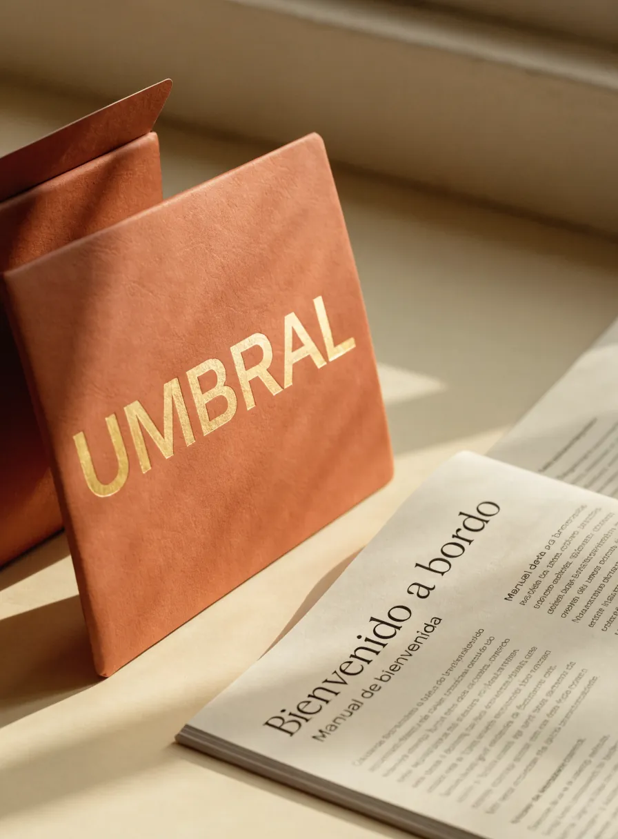 carpeta de piel terracota con el logotipo UMBRAL en foil dorado junto a un manual de bienvenida impreso abierto con el título Bienvenido a bordo