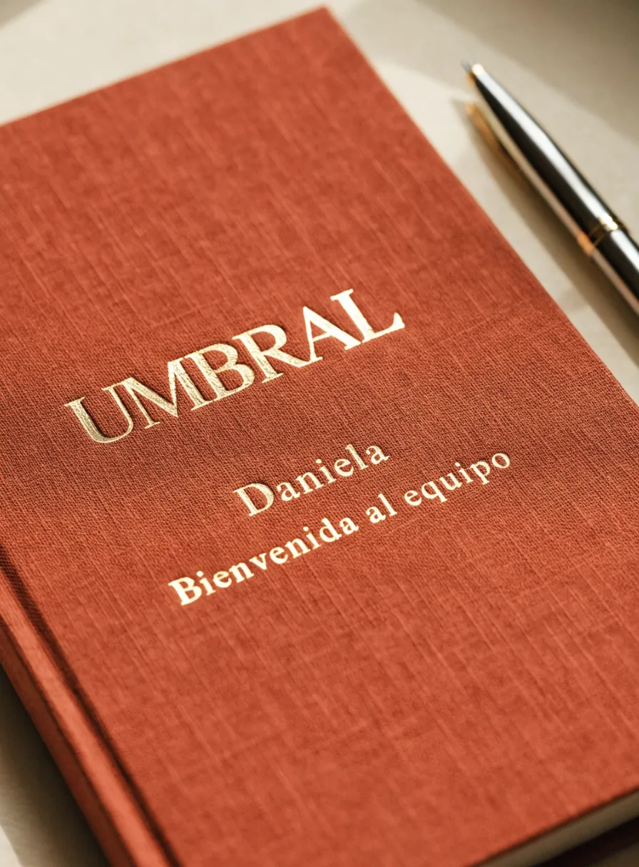 cuaderno entelado terracota con el logotipo UMBRAL, el nombre Daniela y la frase Bienvenida al equipo en foil dorado, con una pluma al lado