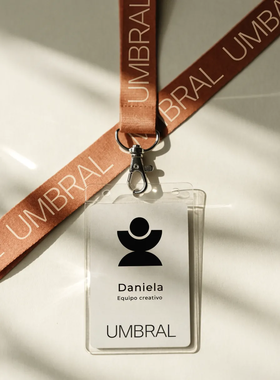 gafete de PVC transparente en un cordón terracota con el logotipo UMBRAL, con el nombre Daniela y el área Equipo creativo impresos