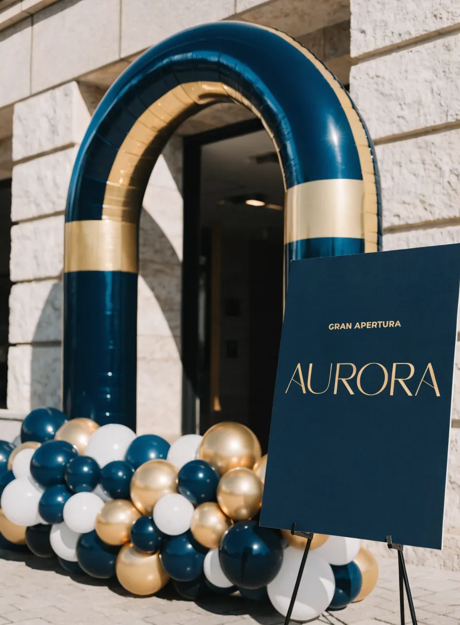 arco inflable azul marino y dorado en la entrada, con guirnalda de globos en azul, blanco y dorado y un caballete con Gran Apertura Aurora