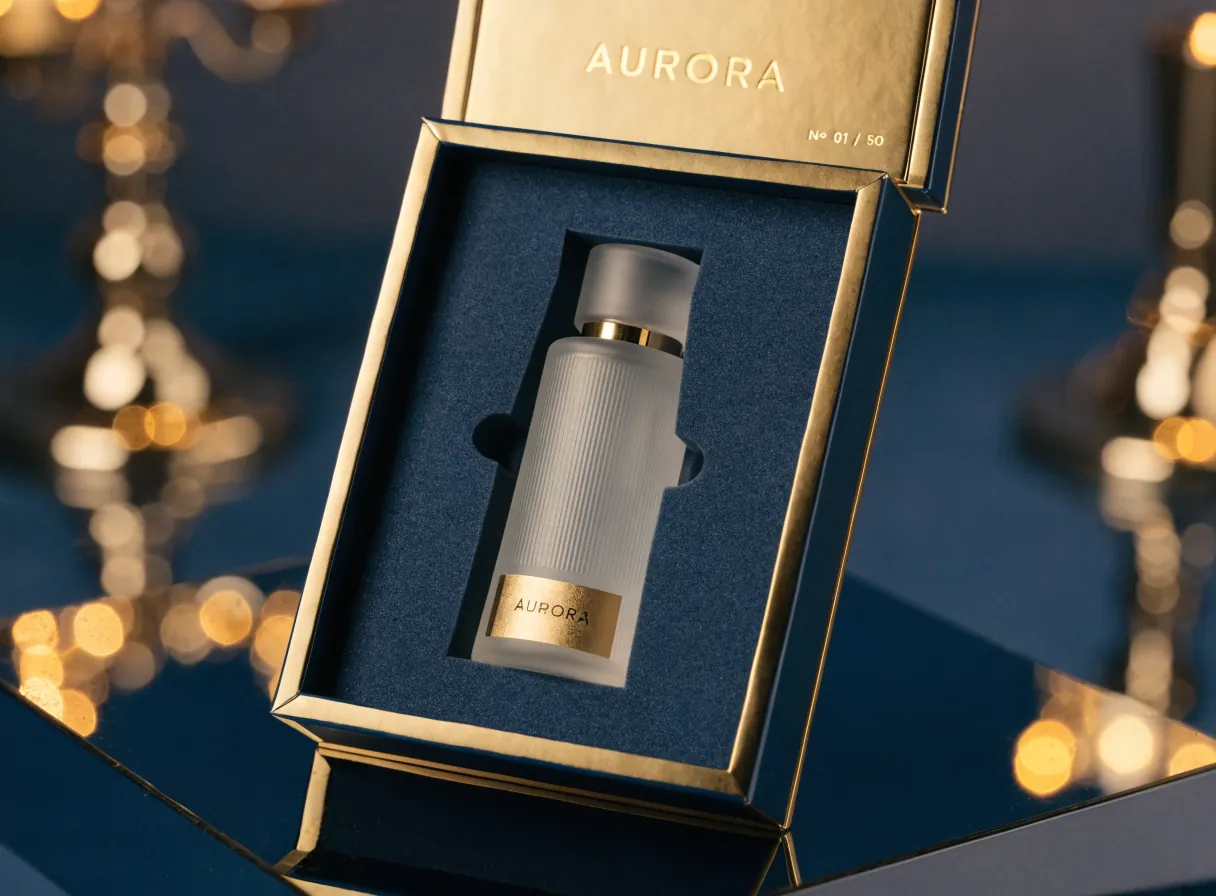 cofre de lanzamiento Aurora en azul marino con tapa en foil dorado y el folio Nº 01 de 50, con el frasco del producto anidado en una espuma cortada a su medida