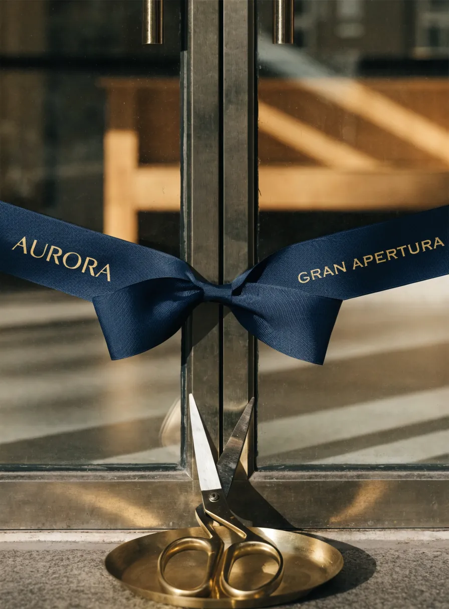 listón de gros azul marino con la marca Aurora y Gran Apertura en dorado, atado en la puerta de cristal junto a unas tijeras doradas en su charola