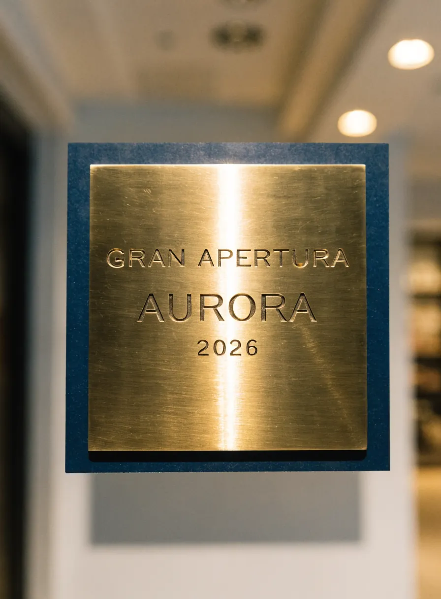 placa de latón grabada Gran Apertura Aurora 2026 montada sobre una base azul marino, instalada junto a la entrada del local