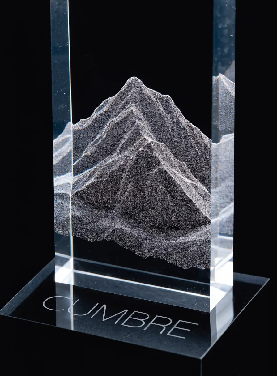 bloque de cristal con una montaña grabada en tercera dimensión dentro de la masa, sobre una base transparente, con la palabra Cumbre al pie