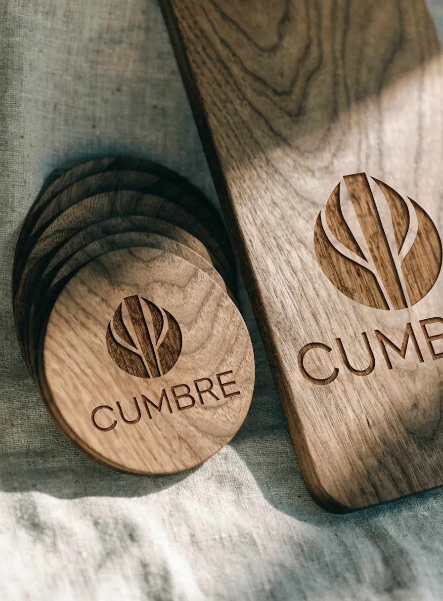juego de posavasos redondos y una tabla de nogal grabados a láser con el emblema y el nombre CUMBRE en la veta