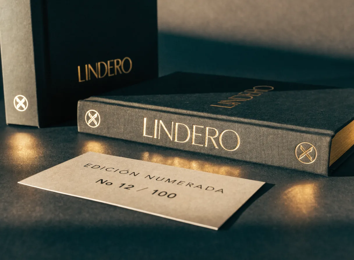 libro entelado en gris de la marca ficticia LINDERO con el título en foil dorado y canto dorado, recargado en su estuche a juego, junto a una tarjeta que dice edición numerada No 12 de 100