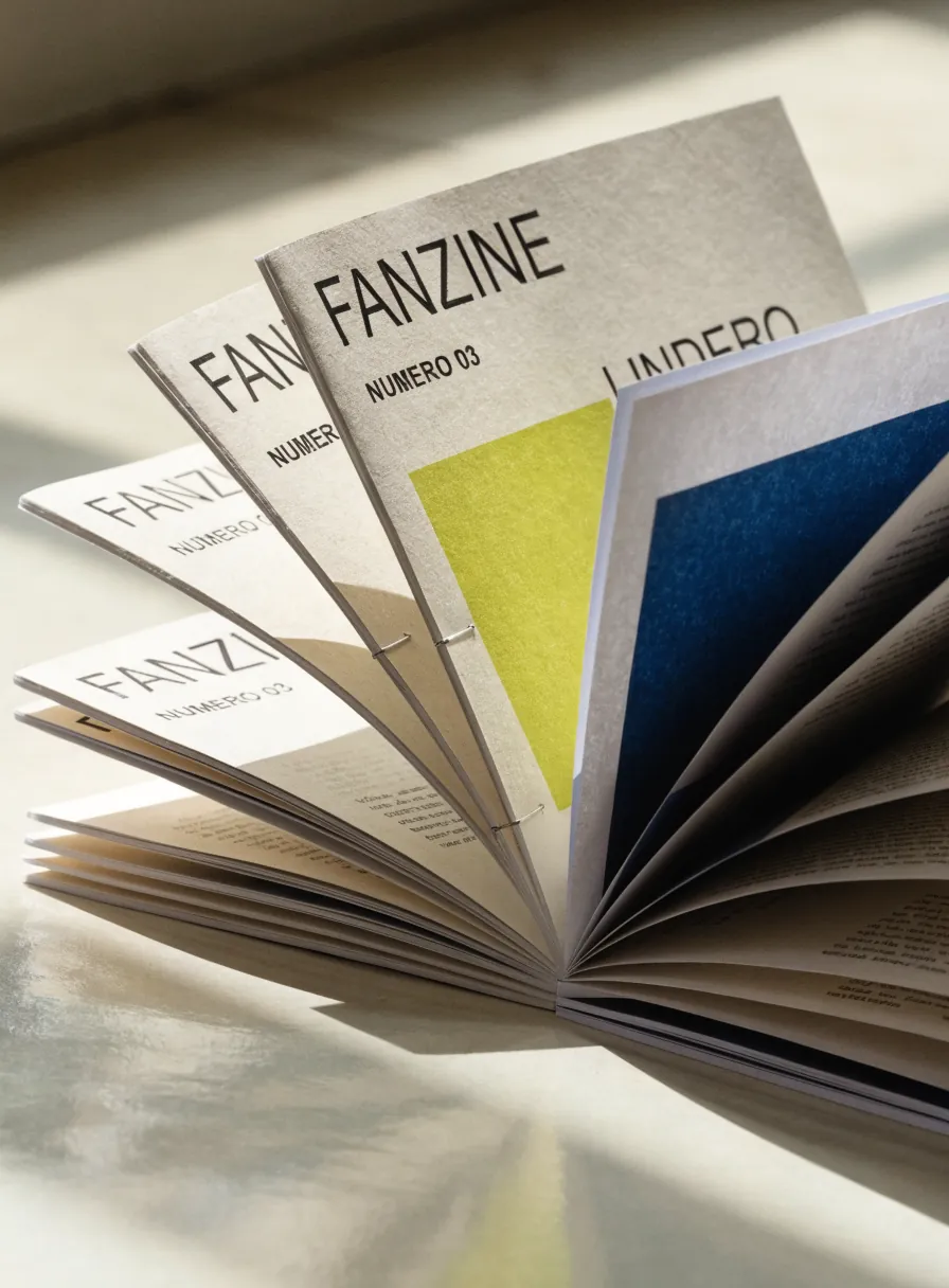 abanico de cuadernillos grapados de la marca ficticia LINDERO con la palabra FANZINE y el número 03 en la portada, uno abierto mostrando sus páginas cosidas con grapa