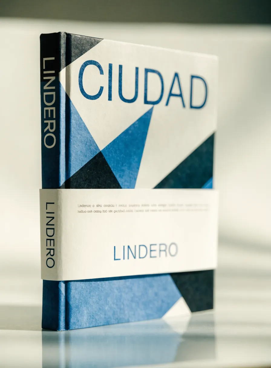 libro de tapa dura de la marca ficticia LINDERO de pie con una sobrecubierta azul geométrica que dice CIUDAD y una faja de papel con el nombre de la casa
