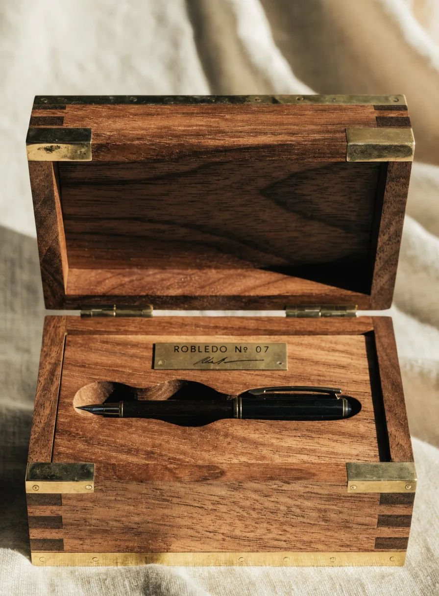 Estuche de nogal con esquineros de latón, abierto sobre lino, con una pluma dentro y una placa de latón grabada ROBLEDO