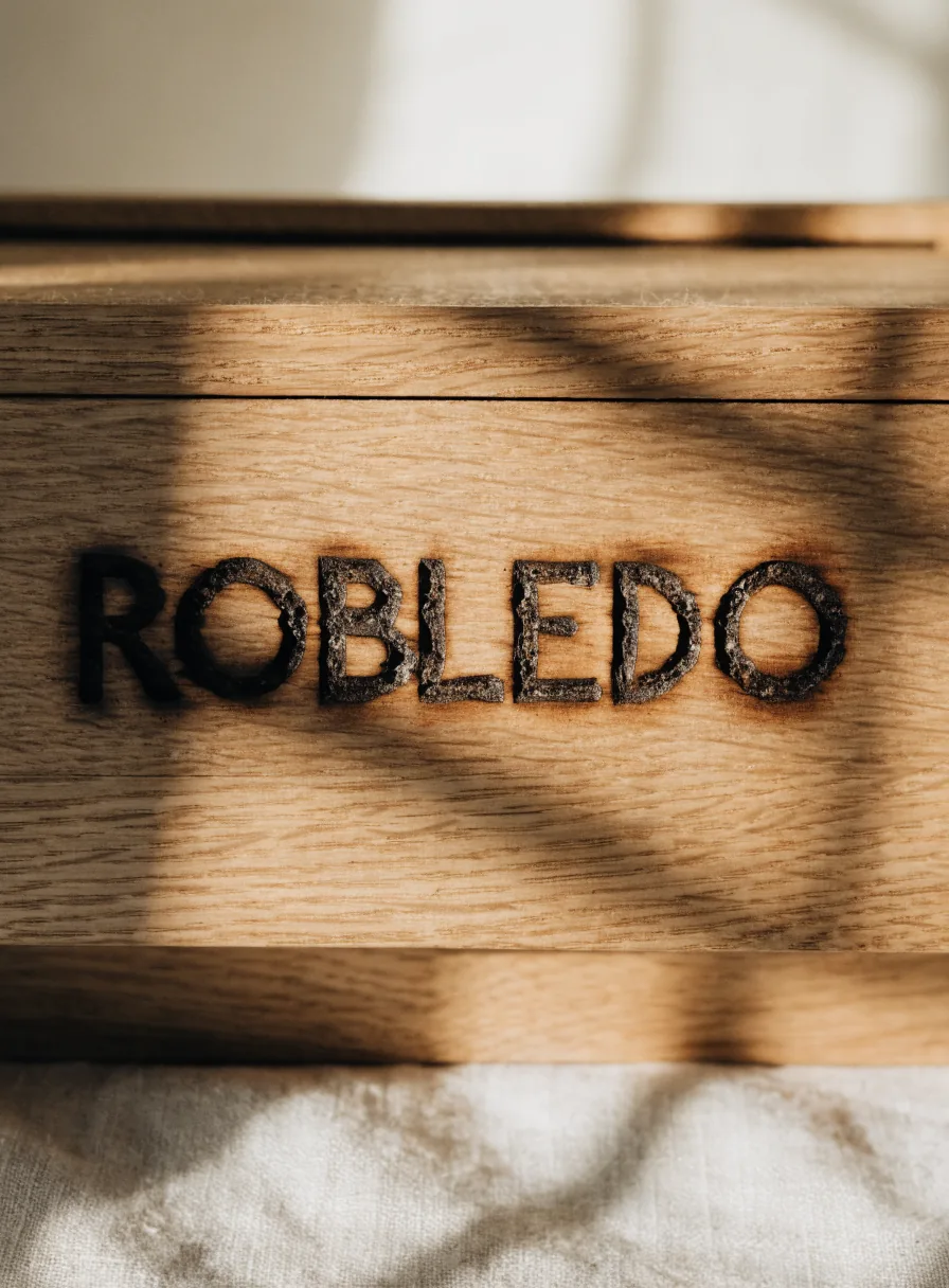 Costado de una caja de roble con la marca ROBLEDO pirograbada a fuego, con la veta de la madera a la vista bajo luz de sol