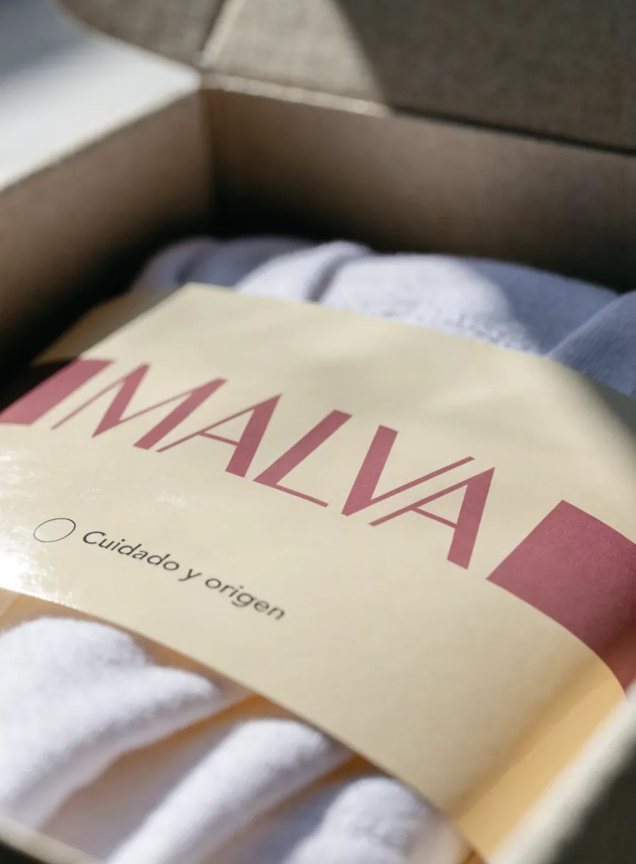 prenda doblada dentro de una caja con una faja de papel color crema que la abraza, con la marca MALVA y Cuidado y origen impresos en malva