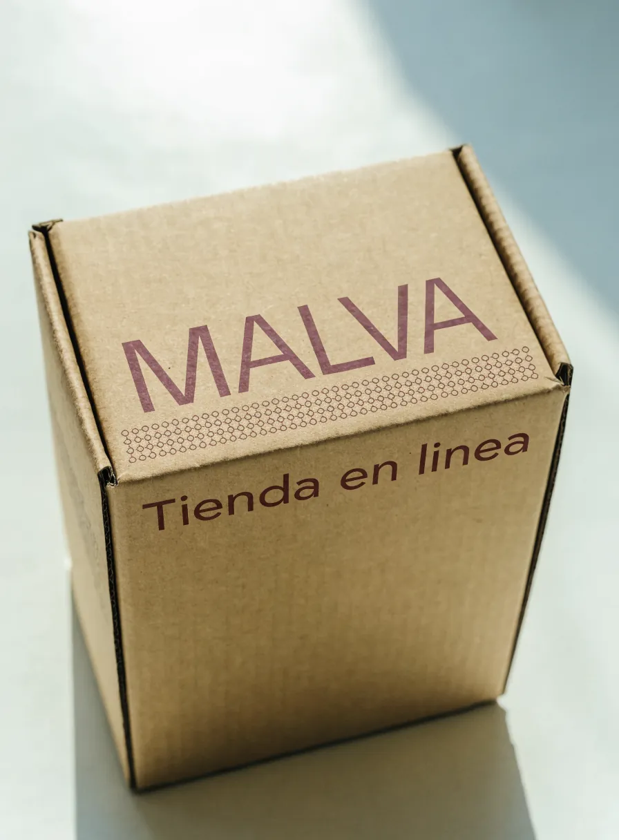 caja mailer de cartón corrugado kraft con la marca MALVA y Tienda en linea impresas en tinta malva sobre la tapa, bajo luz de día