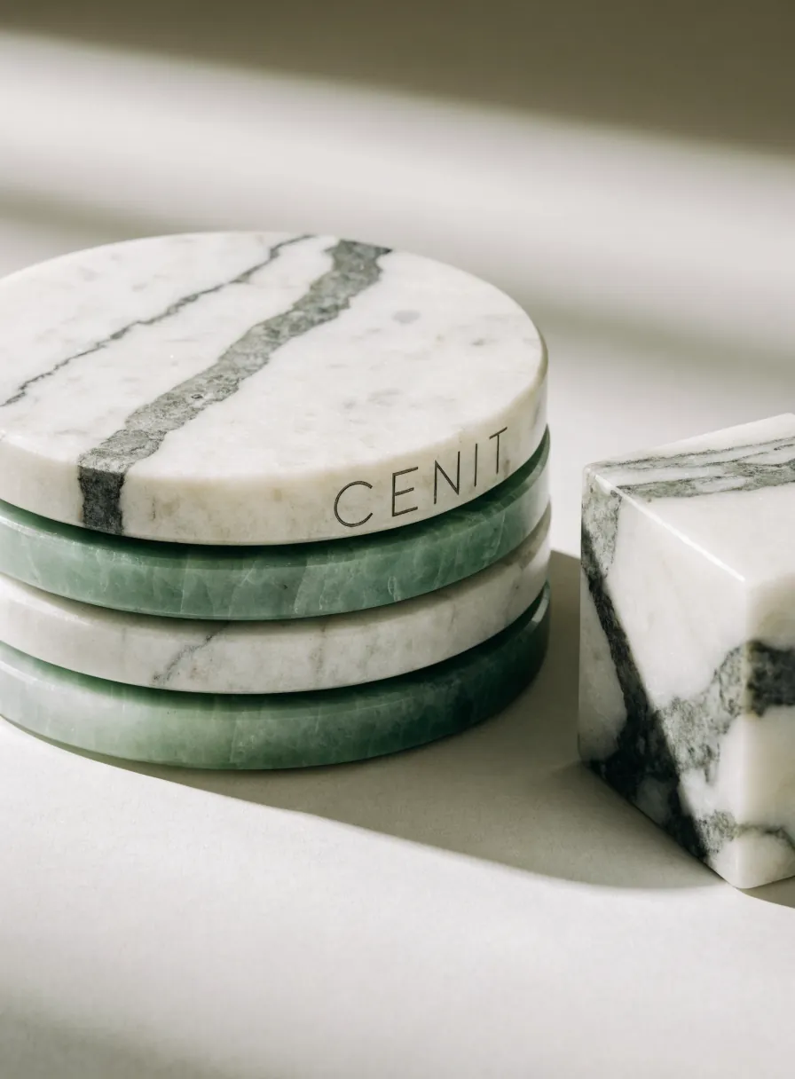 juego de portavasos redondos de mármol blanco con vetas verdes y de cuarzo jade, con la marca CENIT grabada en el canto