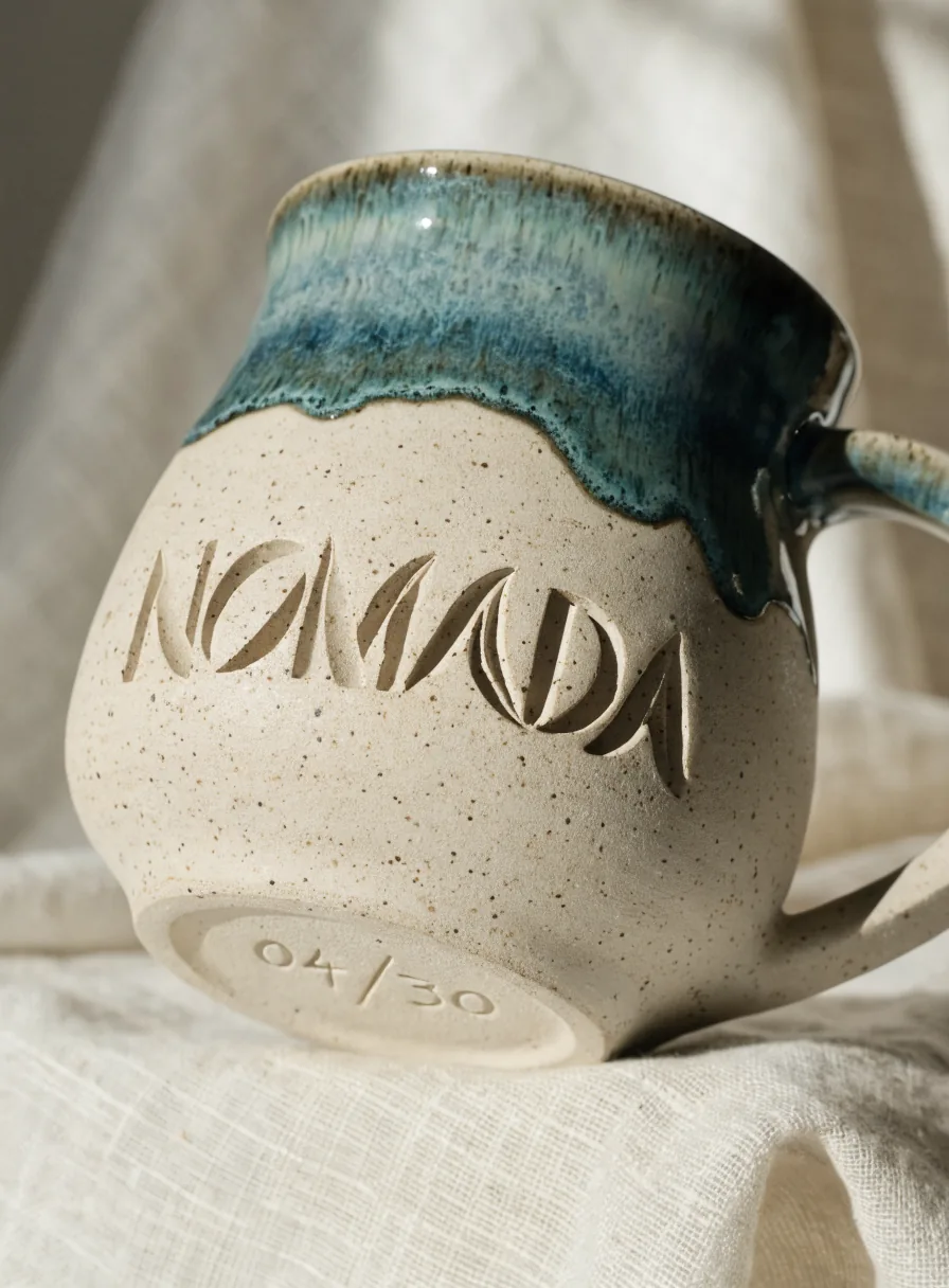 Taza de barro esmaltada con un escurrido reactivo azul turquesa en el borde y la marca Nómada tallada en el cuerpo moteado