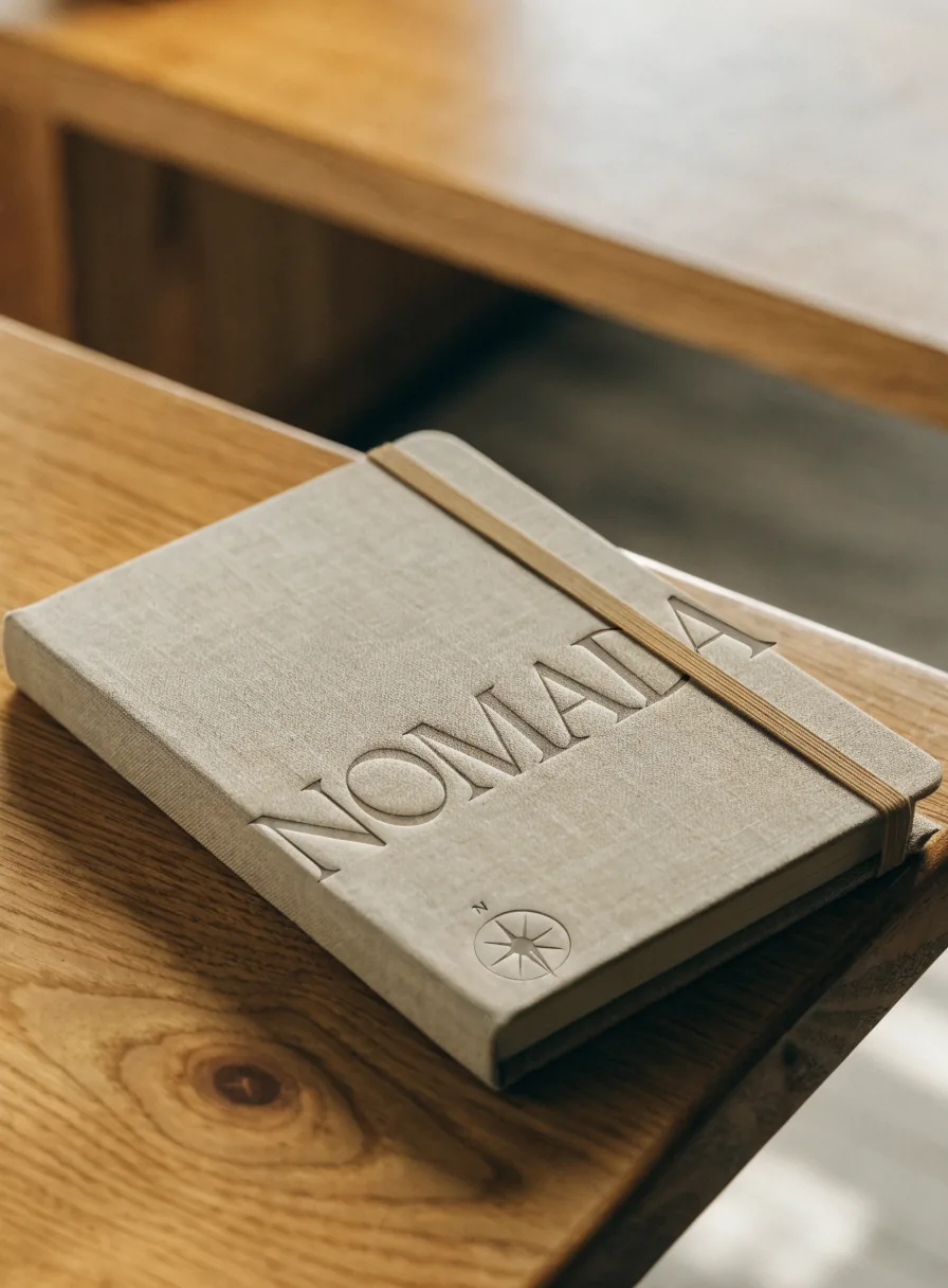 libreta forrada en lino natural con la marca Nómada y una rosa de los vientos hundidas en deboss, con liga cierre, sobre una mesa de madera