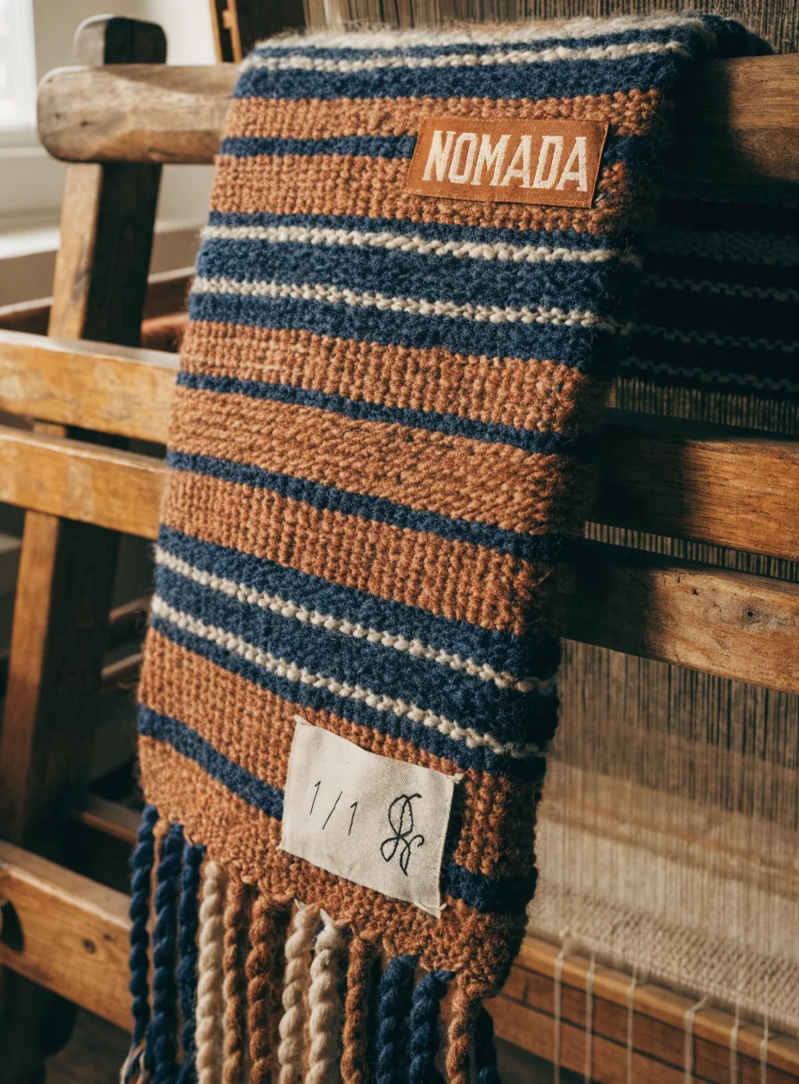 Tejido de lana en franjas azul, crema y terracota colgado del telar de madera con su etiqueta de pieza uno de uno