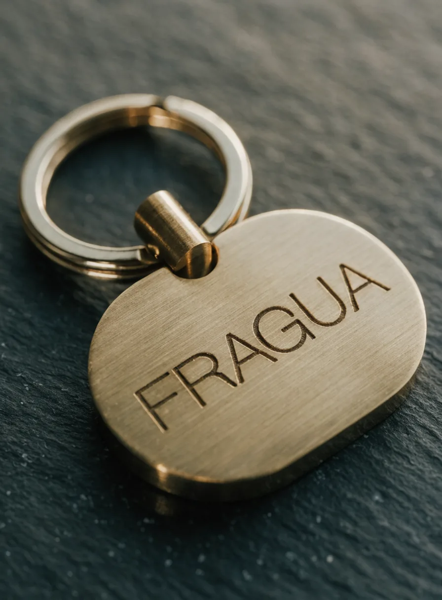 llavero de latón cepillado con la marca ficticia FRAGUA grabada, con arillo metálico, sobre una superficie de pizarra oscura