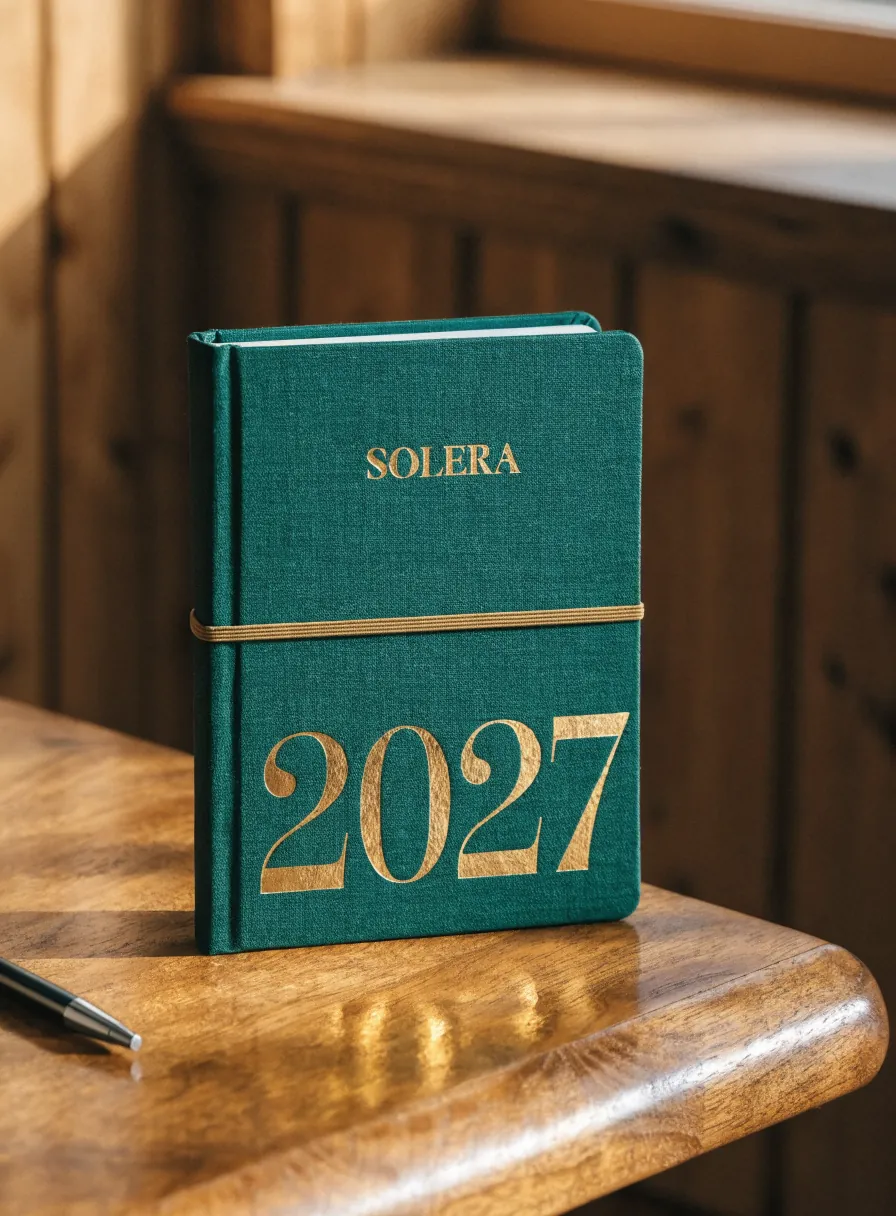 agenda 2027 de tapa dura en tela verde con la marca ficticia Solera y el año en foil dorado, con cinta elástica, sobre una mesa de madera junto a una pluma
