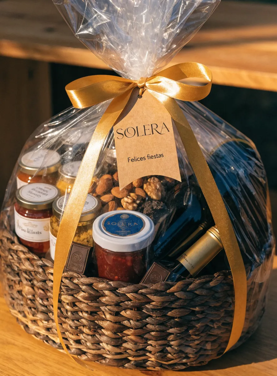 canasta gourmet de fin de año con la marca ficticia Solera en una etiqueta kraft de Felices fiestas, con mermeladas, nueces, chocolate y una botella, envuelta en celofán con moño dorado