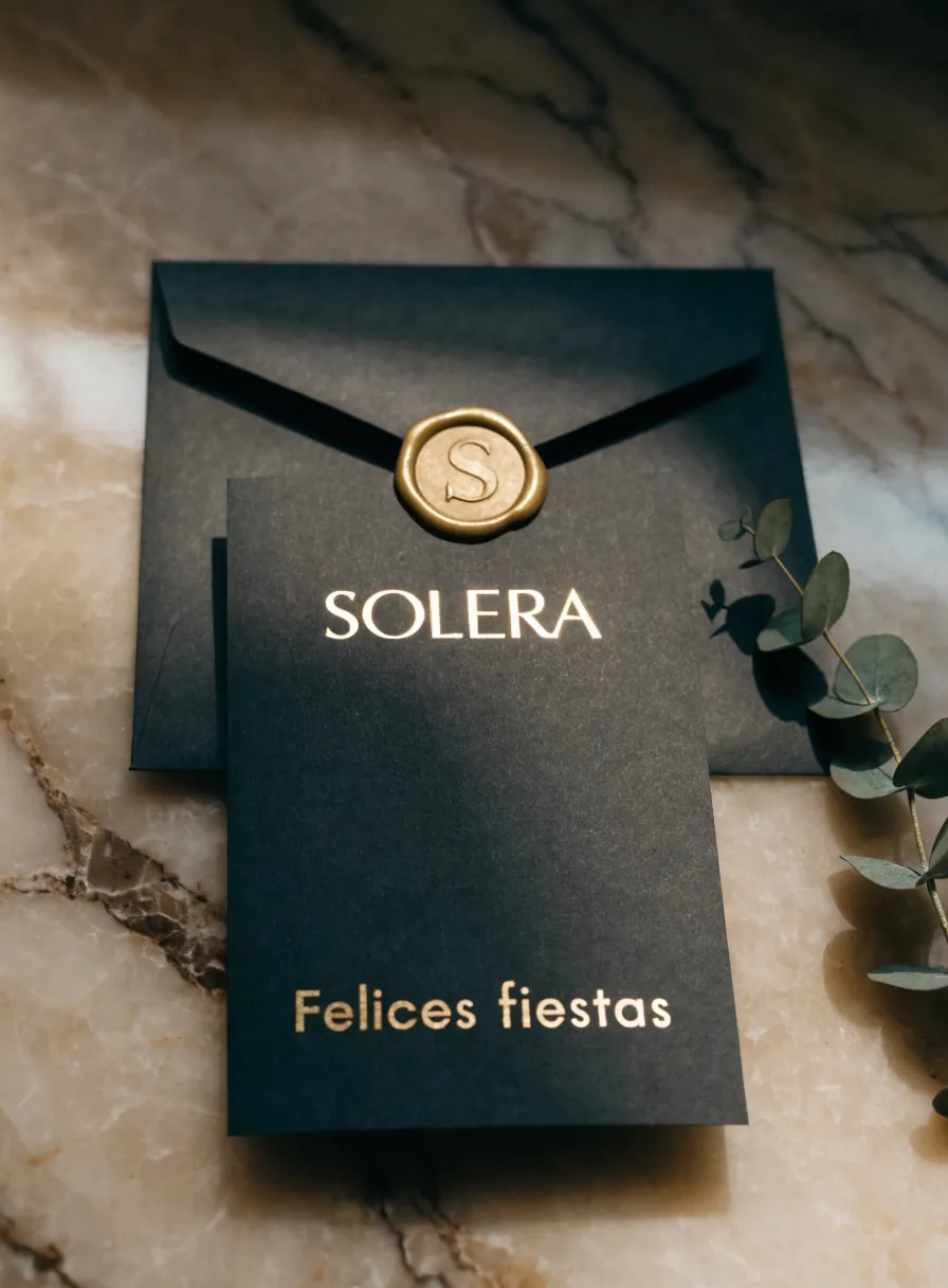 tarjeta de felicitación de fin de año en azul noche con la marca ficticia Solera y Felices fiestas en foil dorado, junto a un sobre cerrado con sello de cera dorado sobre mármol