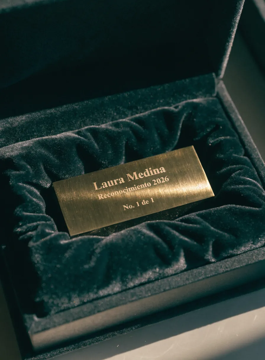 placa de latón grabada con el nombre Laura Medina, la leyenda Reconocimiento 2026 y No. 1 de 1, anidada en un estuche de terciopelo verde profundo