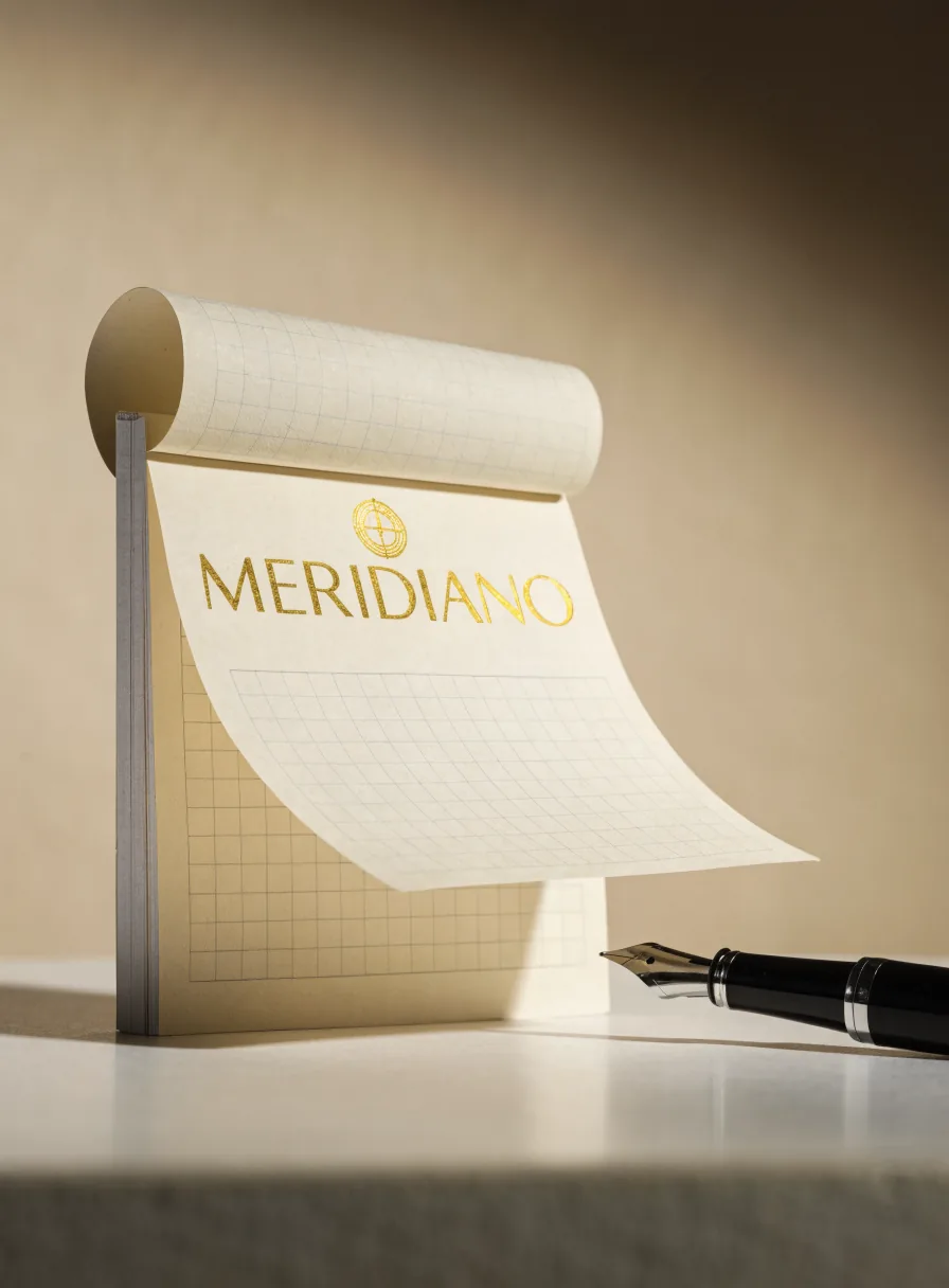 Bloc de notas membretado color crema con el nombre en foil dorado y hoja cuadriculada