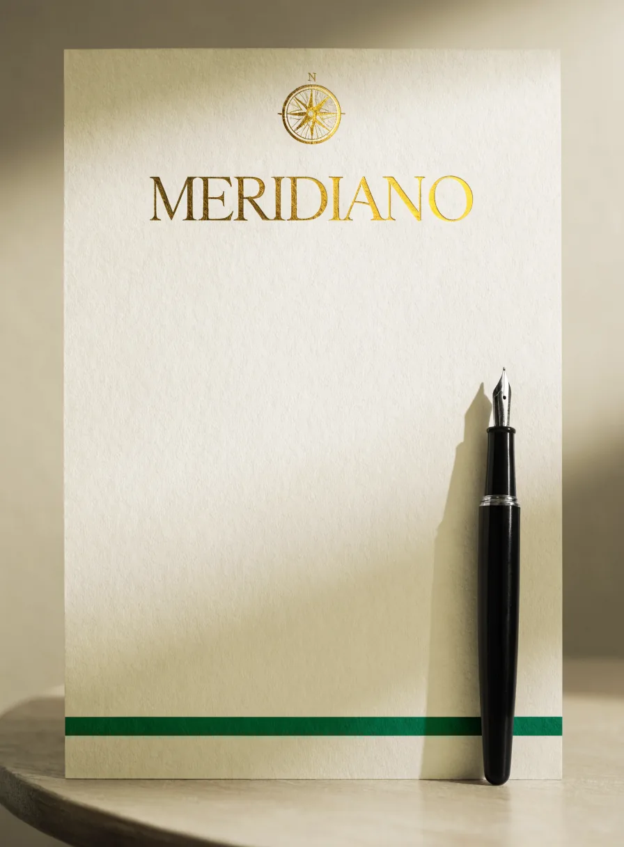 hoja membretada color hueso de la marca Meridiano, con la rosa de los vientos y el nombre en foil dorado, una franja verde al pie y una pluma fuente apoyada al lado