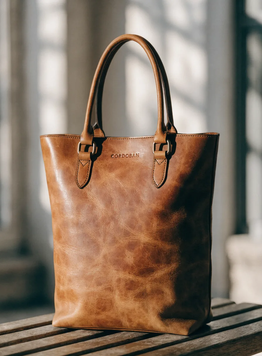 Bolso tote de piel café con asas y la marca CORDOBAN repujada al frente, sobre una banca de madera