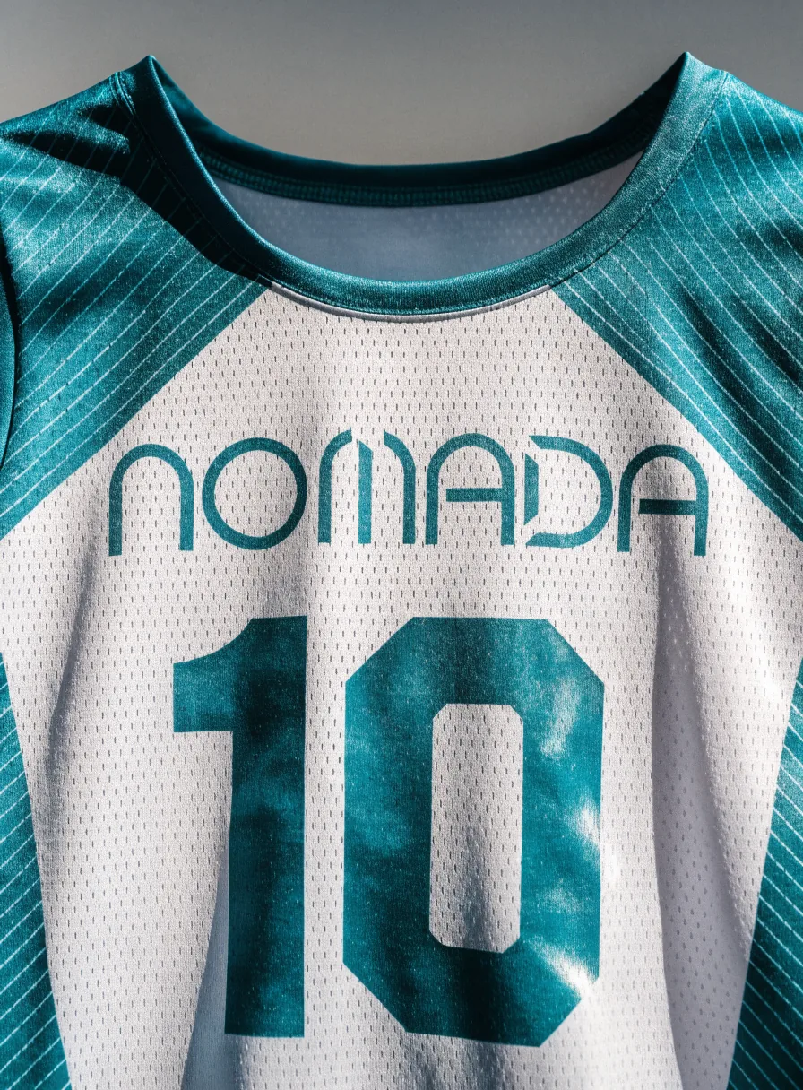 jersey deportivo de malla en teal y blanco con la palabra NOMADA y el número 10 sublimados al frente