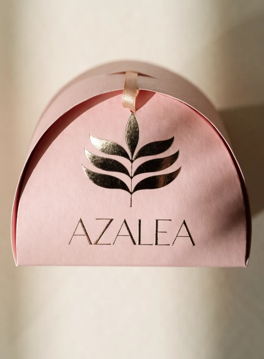 caja almohada troquelada en cartulina blush de la marca Azalea, con una rama en foil oro, el nombre Azalea y un moño de listón de satén en la parte superior