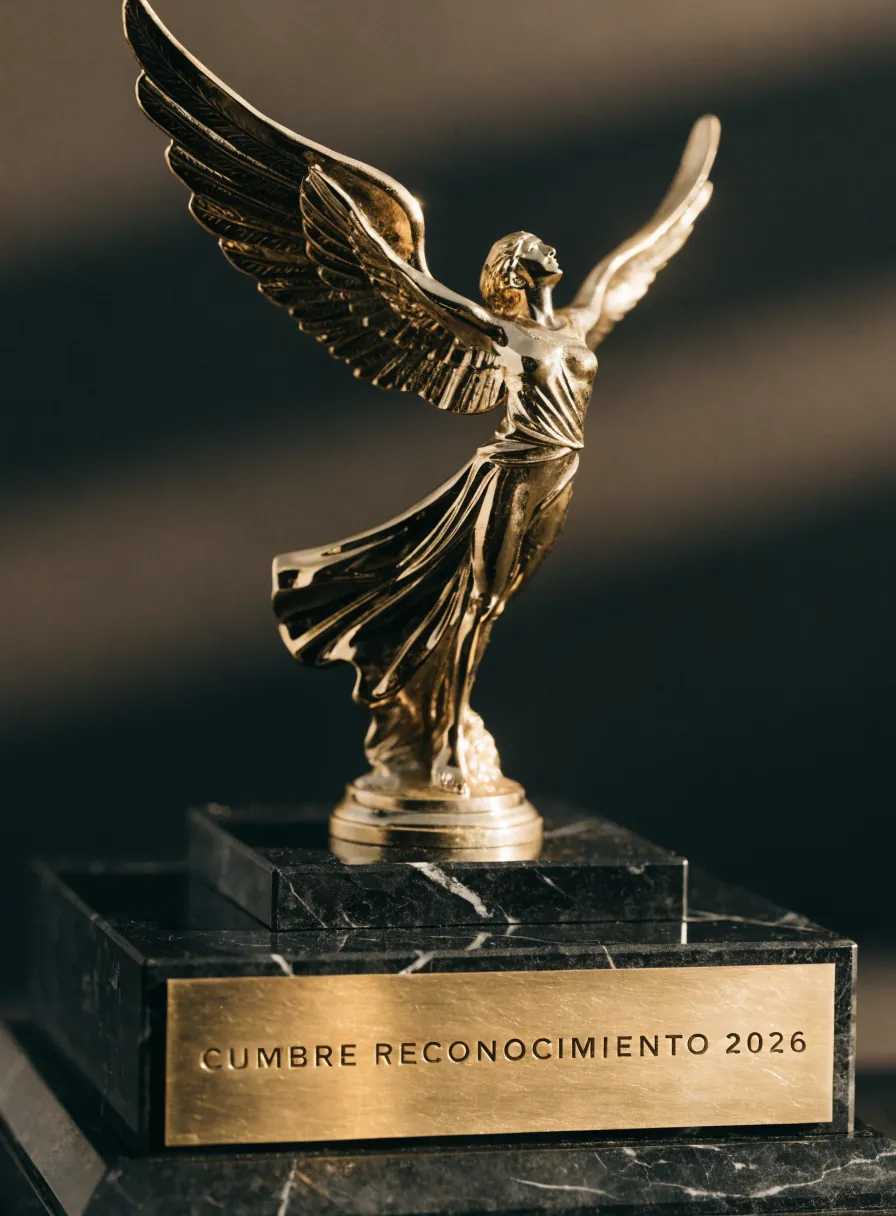 estatuilla dorada de figura alada sobre base de mármol negro con placa de latón grabada CUMBRE Reconocimiento 2026