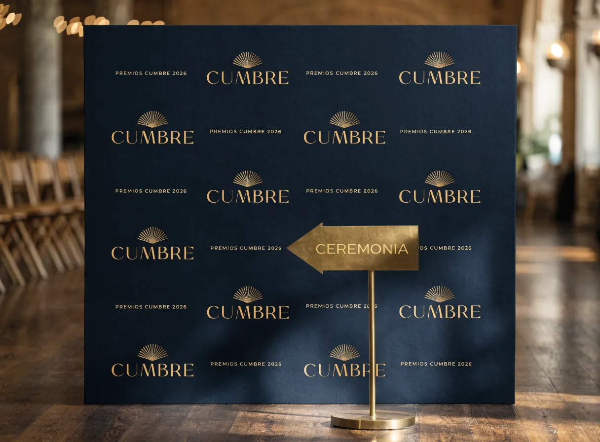 muro de fotos azul marino con el logo Cumbre y Premios Cumbre 2026 impresos en oro en repetición, junto a un letrero direccional dorado que indica Ceremonia, en un salón de eventos