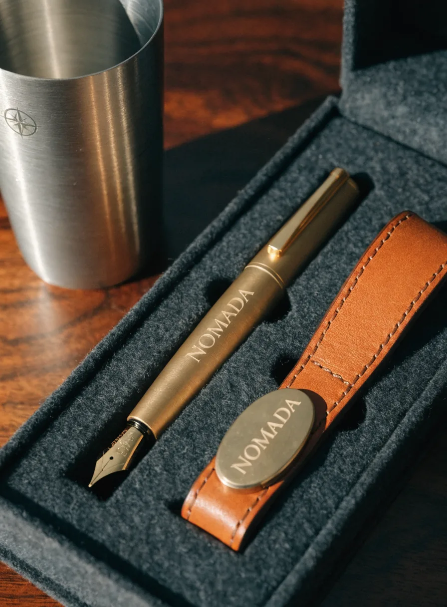 estuche abierto forrado en fieltro gris oscuro con una pluma fuente de latón grabada NOMADA y una funda de piel curtida con medallón ovalado de latón grabado igual, junto a un vaso de acero cepillado con una rosa de los vientos grabada, sobre una mesa de madera oscura
