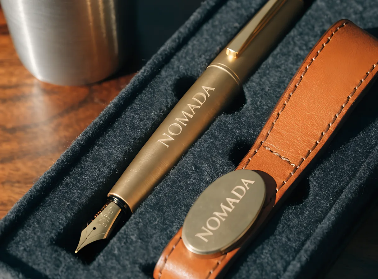 estuche forrado en fieltro carbón abierto sobre nogal, con una pluma fuente de latón macizo grabada con la marca ficticia Nómada, un llavero de piel curtida con placa de latón grabada y un vaso de acero cepillado al lado
