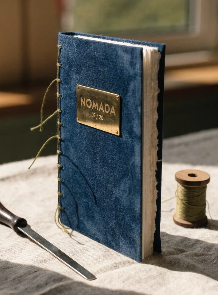 libreta cosida a mano con costura copta en hilo olivo y forro de tela teñida de índigo, con una placa de latón incrustada al frente que lleva grabada la marca ficticia Nómada y la numeración 07 20, junto a una plegadera de hueso y un carrete de hilo encerado