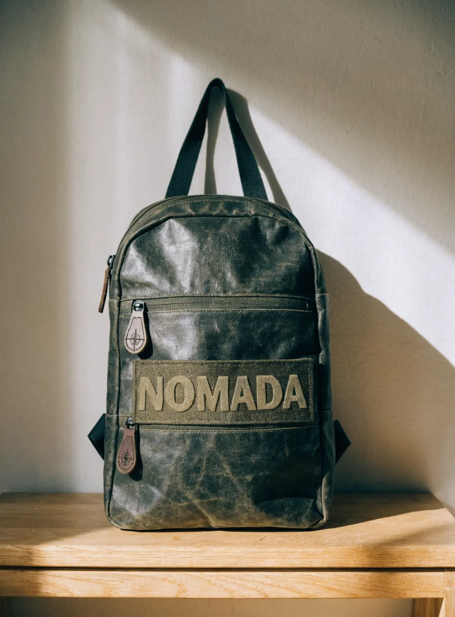 mochila de lona encerada en verde olivo sobre una banca de roble, con una etiqueta tejida con la marca ficticia Nómada cosida al frente y jaladeras de piel troqueladas