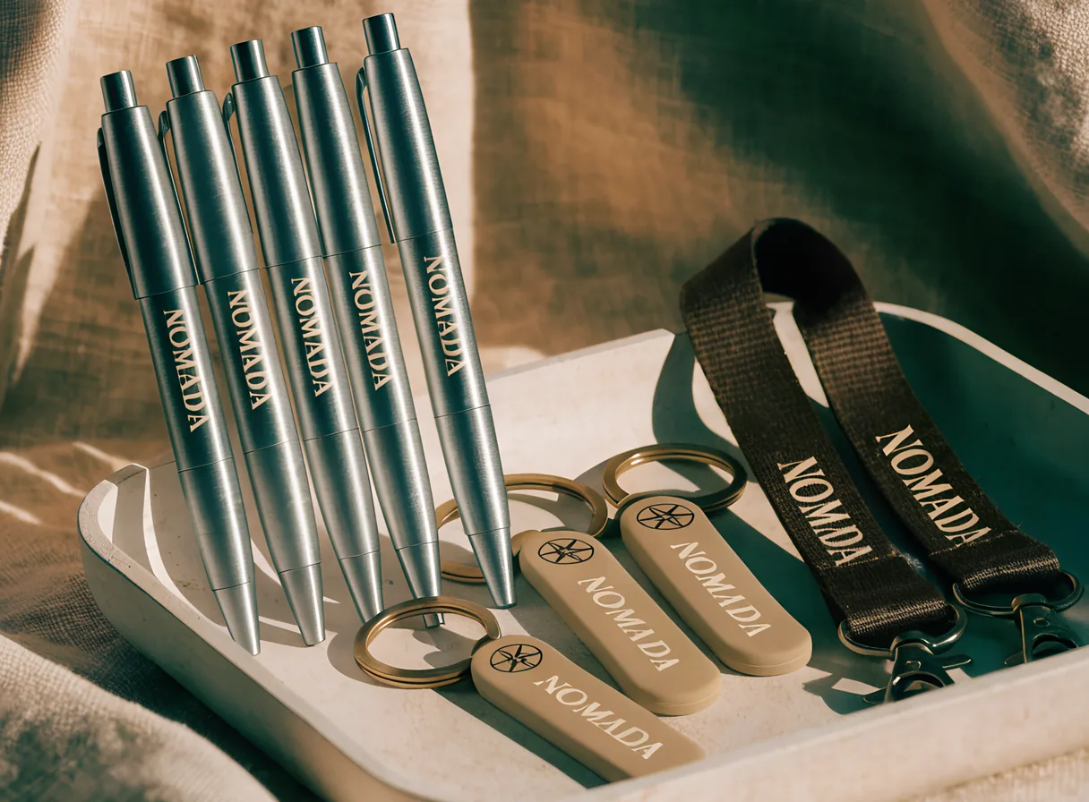 charola de fresno con seis plumas de aluminio cepillado, cuatro llaveros de goma y dos lanyards tejidos, todos con la marca ficticia Nómada impresa en tampografía crema