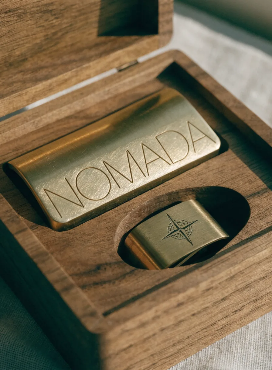 caja de nogal abierta sobre lino con la cama cortada a la medida, donde reposan un tarjetero de latón macizo con la marca ficticia Nómada grabada a láser en la tapa cepillada y un clip para billetes del mismo latón con una rosa de los vientos grabada