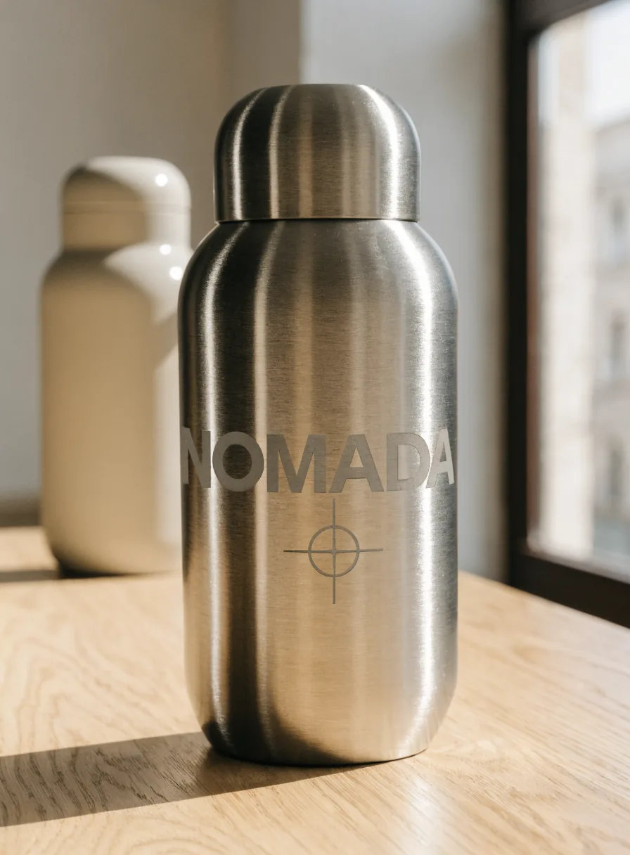 termo de acero inoxidable cepillado con la marca ficticia Nómada grabada a láser en gris mate y una rosa de los vientos debajo, sobre una barra de roble junto a una ventana