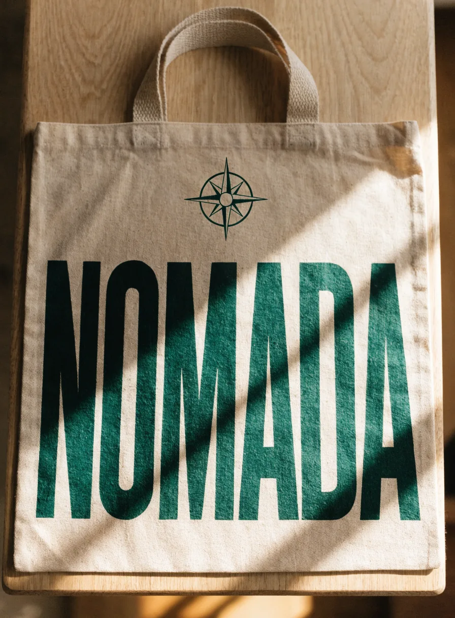 tote de lona de algodón crudo con la marca ficticia Nómada serigrafiada en verde profundo a gran escala y una rosa de los vientos arriba, sobre una mesa de roble claro