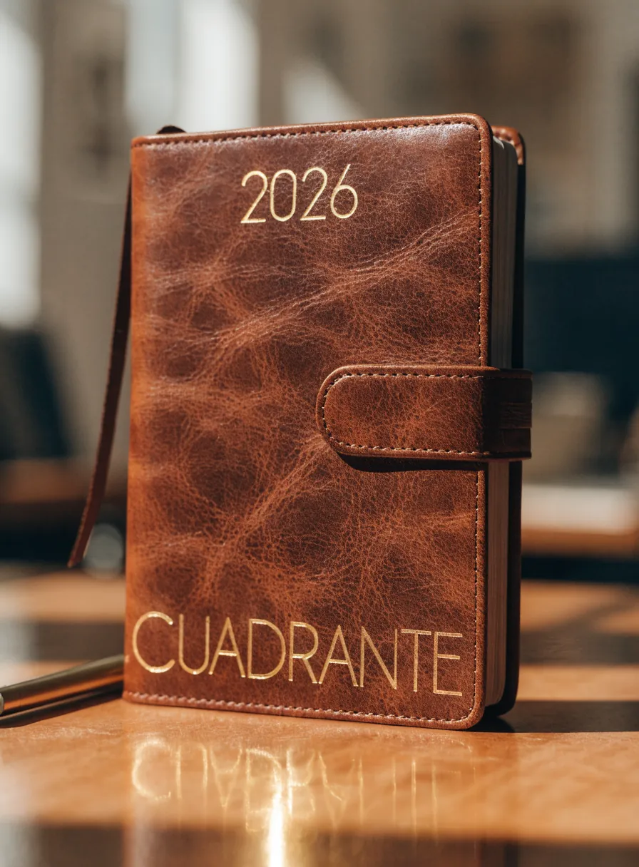 agenda de piel café con el año 2026 y la marca Cuadrante en foil dorado, cerrada con una correa, de pie sobre un escritorio de madera