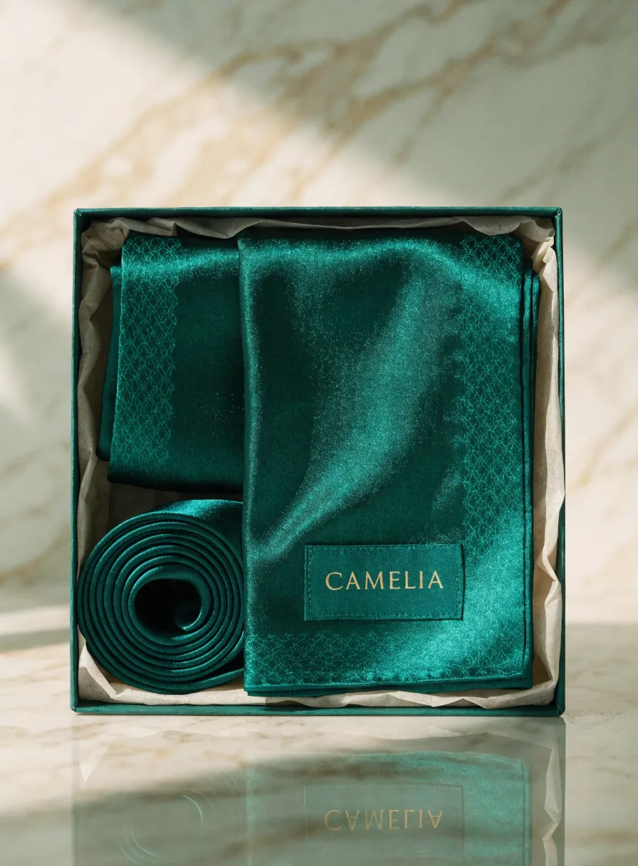 Set de corbata y pañuelo de seda verde esmeralda con etiqueta tejida Camelia, doblados en su caja de regalo verde