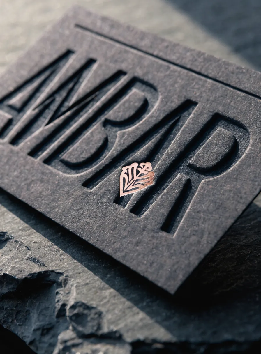 tarjeta de algodón negra sobre pizarra con la palabra AMBAR hundida en letterpress profundo y un emblema en foil de cobre a registro