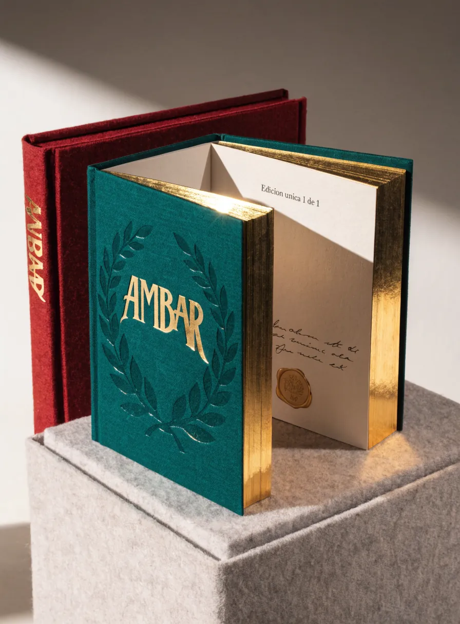 edición encuadernada en tela verde con el nombre AMBAR en foil de oro dentro de una corona en relieve, canto dorado y sello de lacre, anidada en un estuche de terciopelo junto a su funda color vino, con la nota Edición única 1 de 1